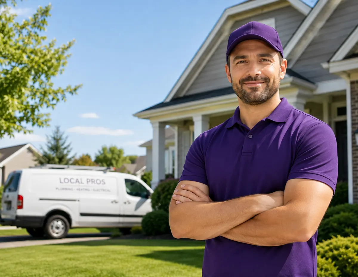 Local service professional standing in front of a suburban home and service van