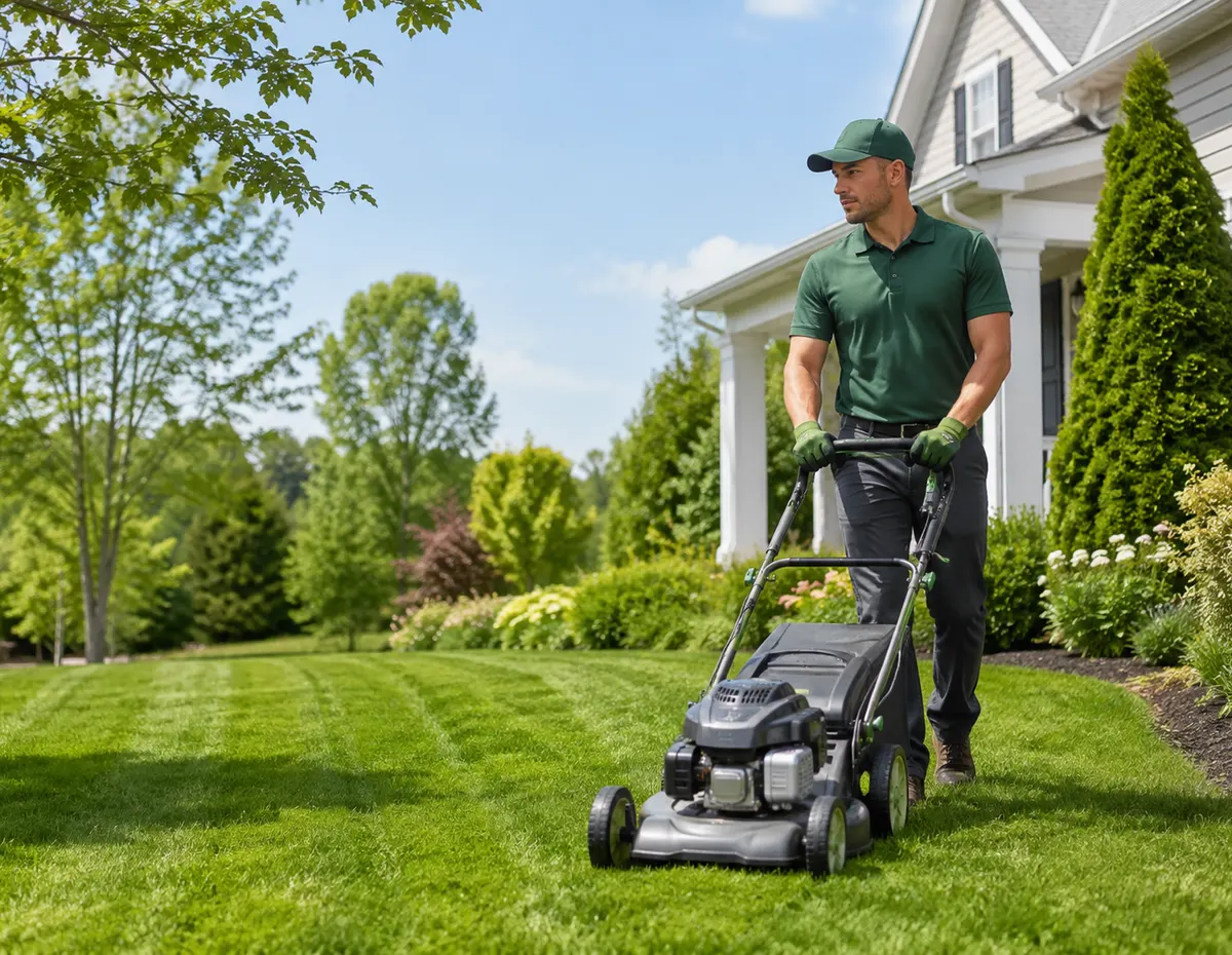 Landscaping technician mowing a residential front lawn