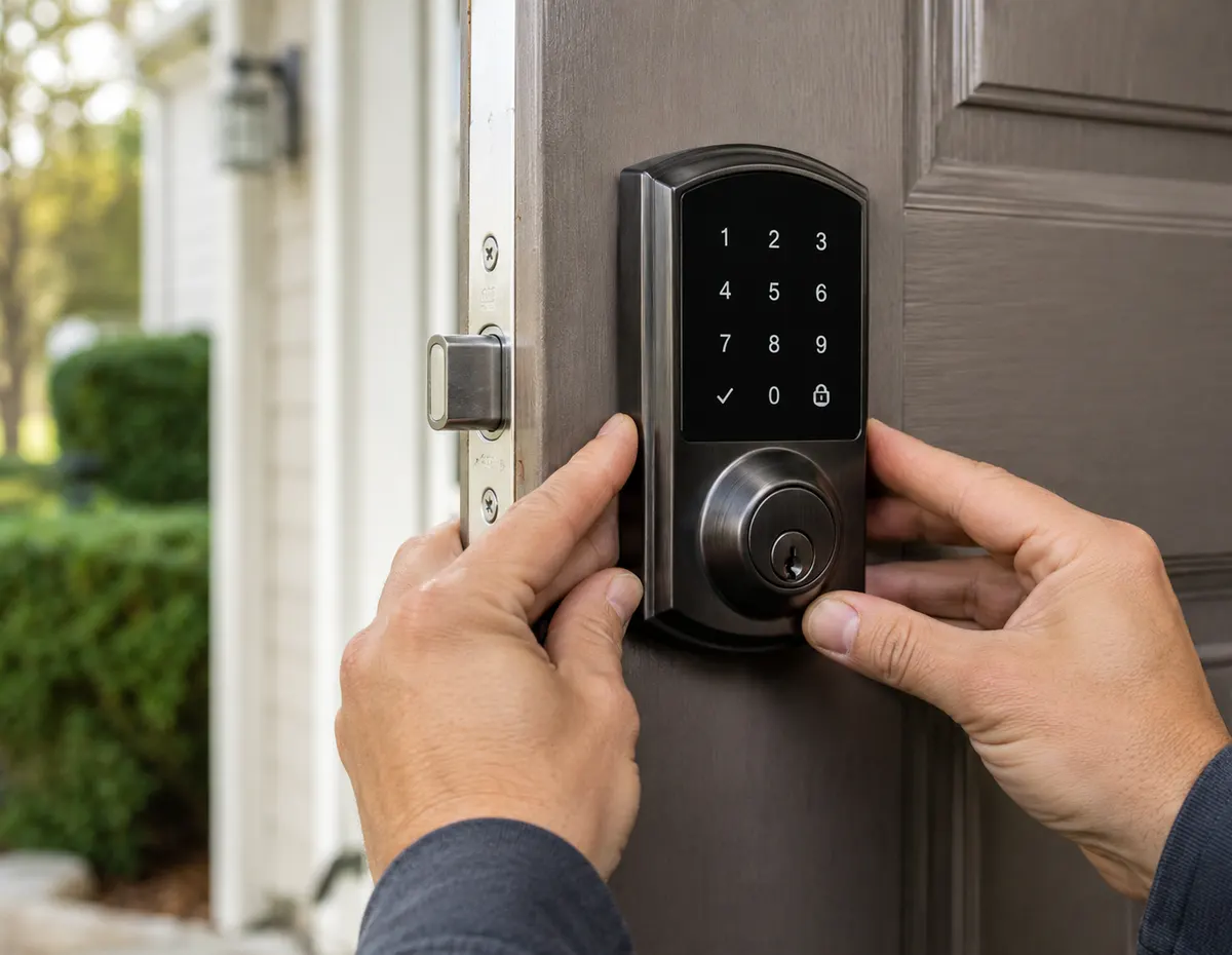 Locksmith installing a smart electronic deadbolt keypad lock on a residential front door