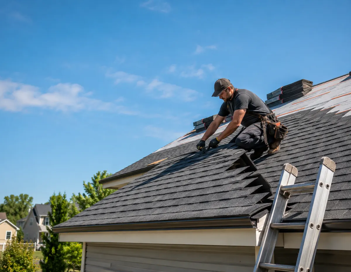 Roofer kneeling on a residential roof installing asphalt shingles next to an extension ladder